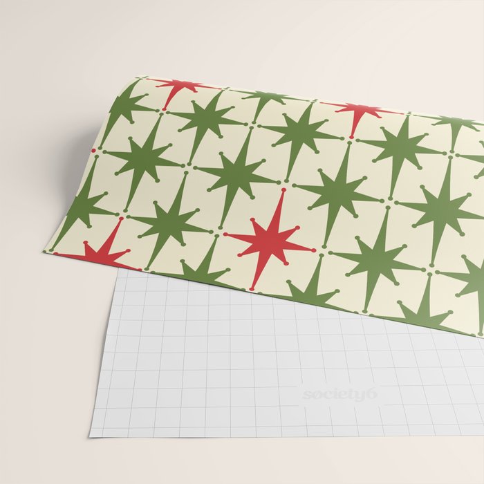 Christmas Starbursts - Atomic Age Xmas Holiday Pattern in Red and Retro Green on Cream Wrapping Paper Gallery Image 2