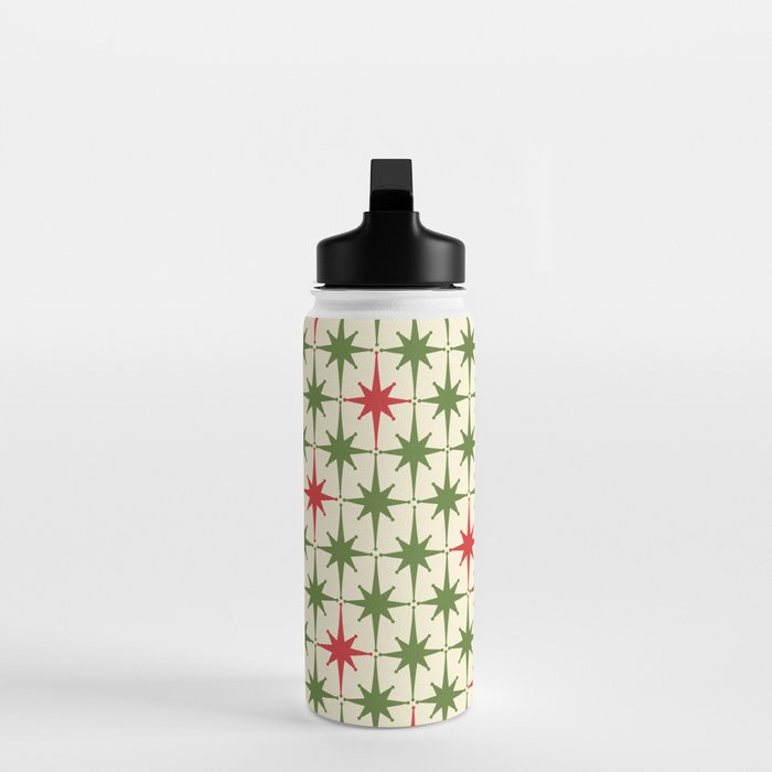 Christmas Starbursts - Atomic Age Xmas Holiday Pattern in Red and Retro Green on Cream Water Bottle Gallery Image 3