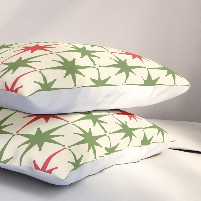 Christmas Starbursts - Atomic Age Xmas Holiday Pattern in Red and Retro Green on Cream Pillow Sham Gallery Image 3