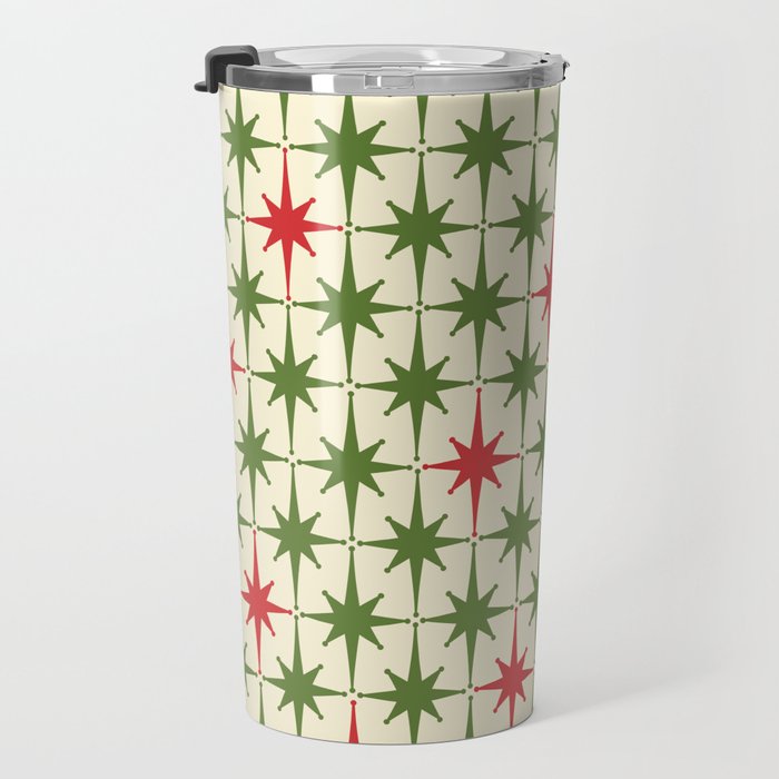 Christmas Starbursts - Atomic Age Xmas Holiday Pattern in Red and Retro Green on Cream Travel Mug Gallery Image 3