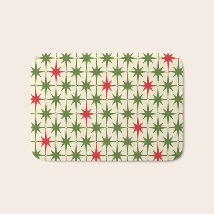 Christmas Starbursts - Atomic Age Xmas Holiday Pattern in Red and Retro Green on Cream Bath Mat Gallery Image 1