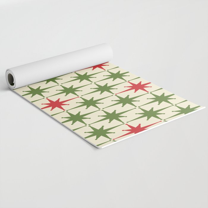 Christmas Starbursts - Atomic Age Xmas Holiday Pattern in Red and Retro Green on Cream Yoga Mat Gallery Image 2