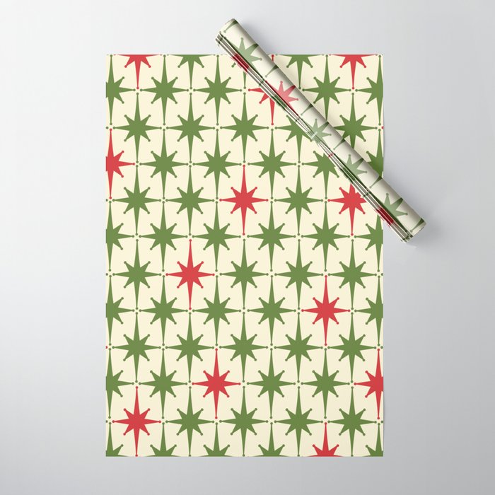 Christmas Starbursts - Atomic Age Xmas Holiday Pattern in Red and Retro Green on Cream Wrapping Paper Gallery Image 1