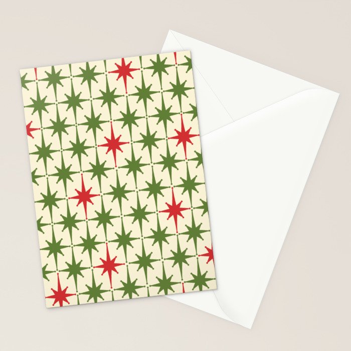 Christmas Starbursts - Atomic Age Xmas Holiday Pattern in Red and Retro Green on Cream Stationery Card Gallery Image 2