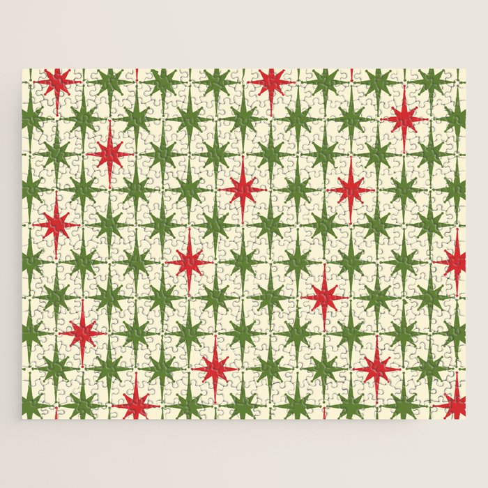 Christmas Starbursts - Atomic Age Xmas Holiday Pattern in Red and Retro Green on Cream Jigsaw Puzzle Gallery Image 1