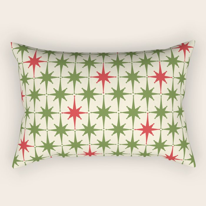 Christmas Starbursts - Atomic Age Xmas Holiday Pattern in Red and Retro Green on Cream Rectangular Pillow Gallery Image 1