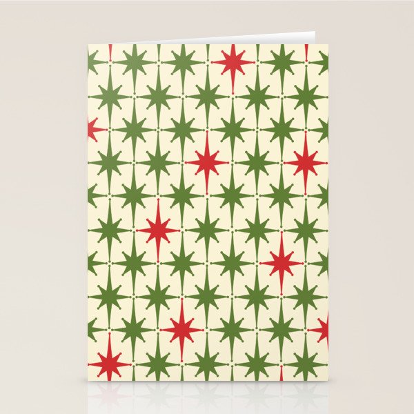 Christmas Starbursts - Atomic Age Xmas Holiday Pattern in Red and Retro Green on Cream Stationery Card Gallery Image 2