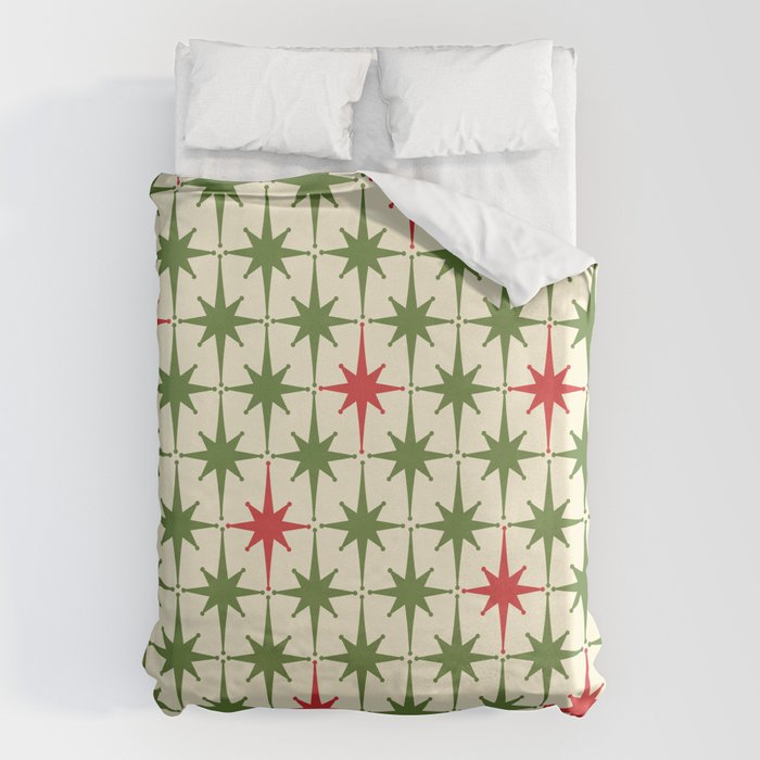 Christmas Starbursts - Atomic Age Xmas Holiday Pattern in Red and Retro Green on Cream Duvet Cover Gallery Image 1