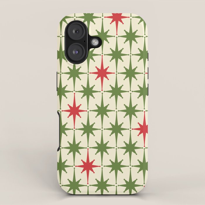 Christmas Starbursts - Atomic Age Xmas Holiday Pattern in Red and Retro Green on Cream iPhone Case Gallery Image 1