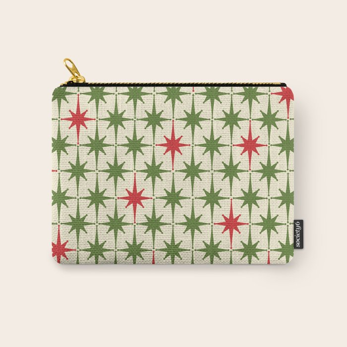 Christmas Starbursts - Atomic Age Xmas Holiday Pattern in Red and Retro Green on Cream Carry All Pouch Gallery Image 1