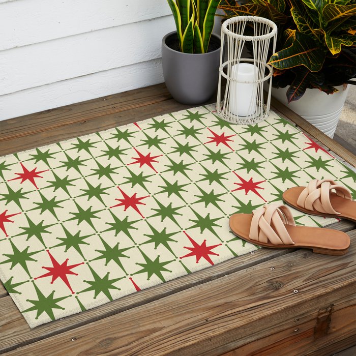 Christmas Starbursts - Atomic Age Xmas Holiday Pattern in Red and Retro Green on Cream Outdoor Rug Gallery Image 2
