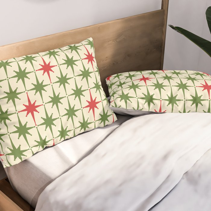 Christmas Starbursts - Atomic Age Xmas Holiday Pattern in Red and Retro Green on Cream Pillow Sham Gallery Image 2