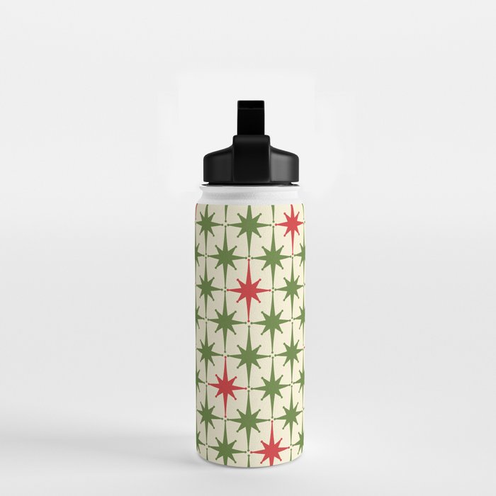Christmas Starbursts - Atomic Age Xmas Holiday Pattern in Red and Retro Green on Cream Water Bottle Gallery Image 2