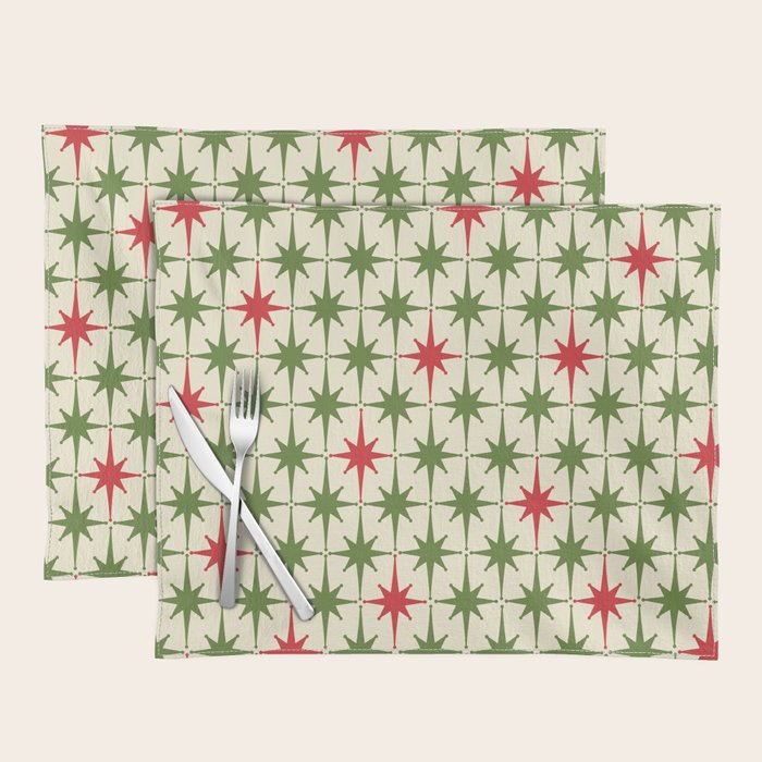 Christmas Starbursts - Atomic Age Xmas Holiday Pattern in Red and Retro Green on Cream Placemat Gallery Image 1