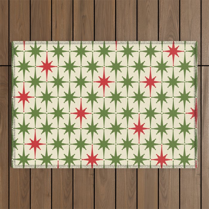 Christmas Starbursts - Atomic Age Xmas Holiday Pattern in Red and Retro Green on Cream Outdoor Rug Gallery Image 1