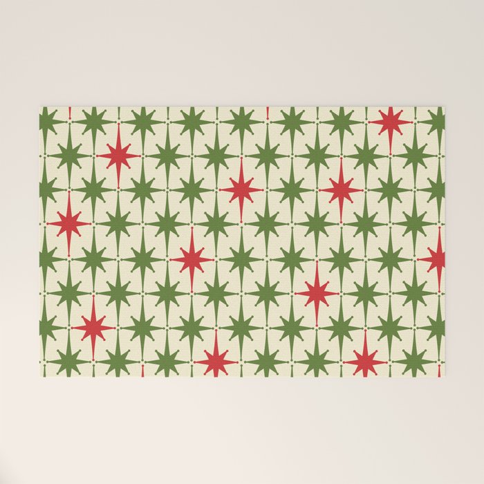 Christmas Starbursts - Atomic Age Xmas Holiday Pattern in Red and Retro Green on Cream Welcome Mat Gallery Image 1