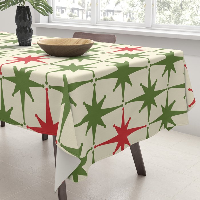 Christmas Starbursts - Atomic Age Xmas Holiday Pattern in Red and Retro Green on Cream Tablecloth Gallery Image 3
