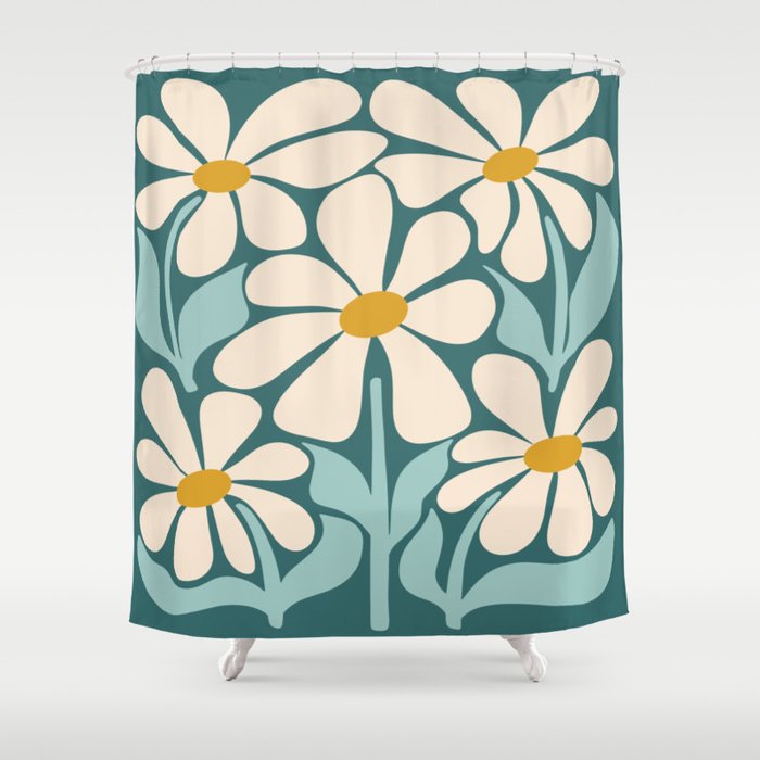 Oh, Daisy! Teal, off-white, yellow Shower Curtain Gallery Image 1