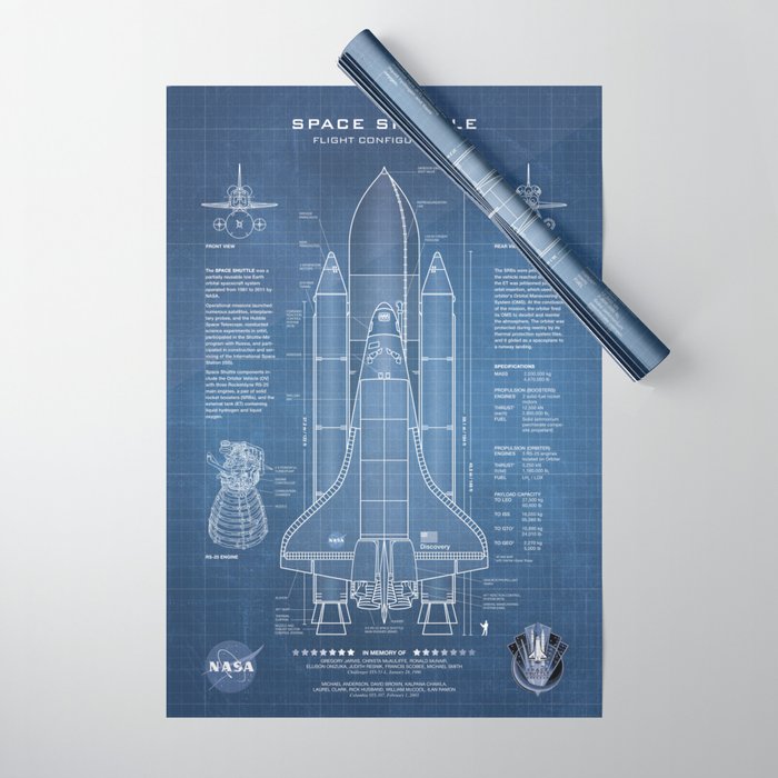NASA Space Shuttle Blueprint in High Resolution (light blue)  Wrapping Paper Gallery Image 1