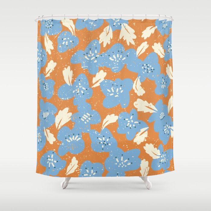 Bold flowers in my garden blue on orange Shower Curtain Gallery Image 1