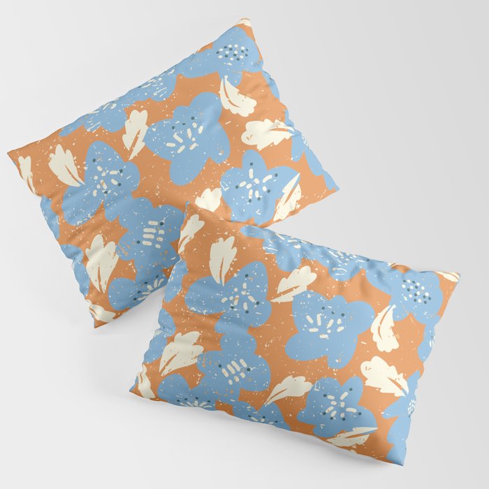 Bold flowers in my garden blue on orange Pillow Sham Gallery Image 1