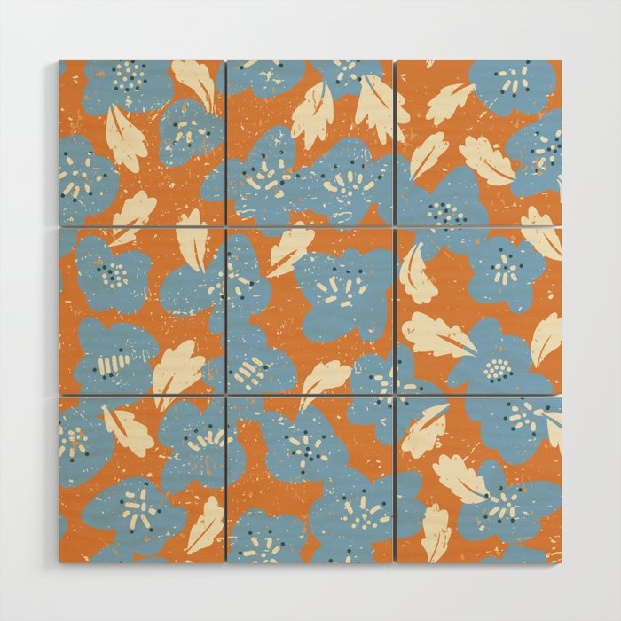 Bold flowers in my garden blue on orange Wood Wall Art Gallery Image 1