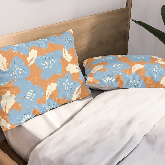 Bold flowers in my garden blue on orange Pillow Sham Gallery Image 2