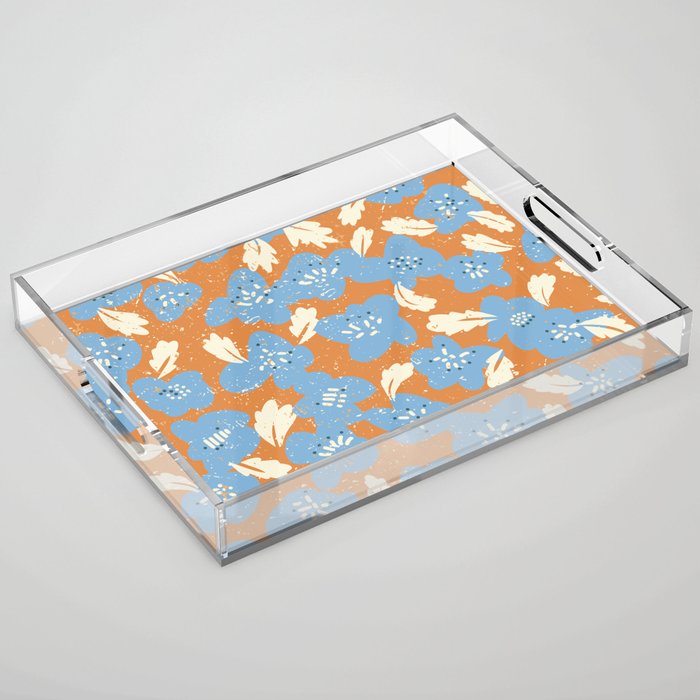 Bold flowers in my garden blue on orange Acrylic Tray Gallery Image 1