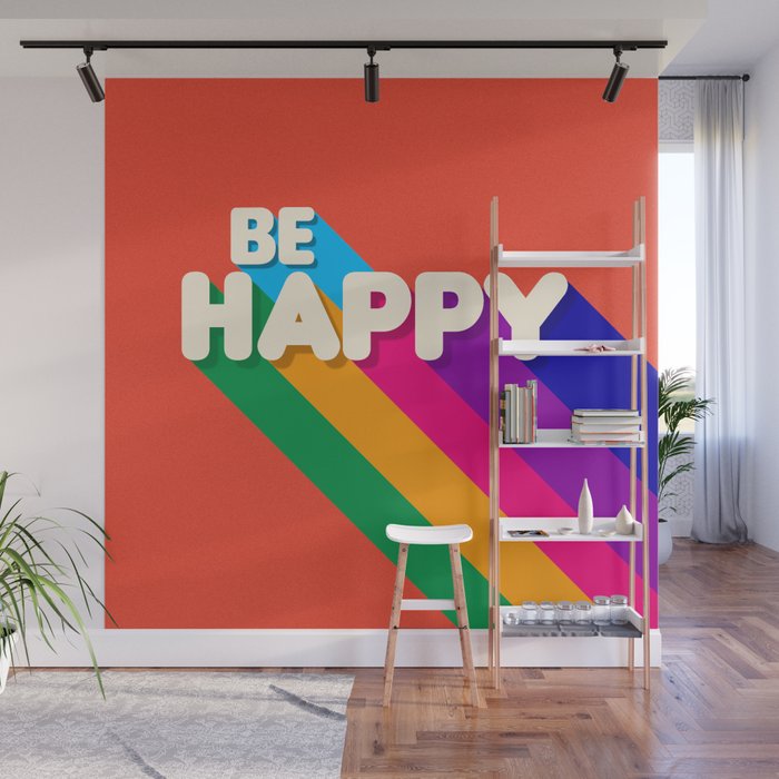 BE HAPPY - rainbow retro typography Wall Mural Gallery Image 1