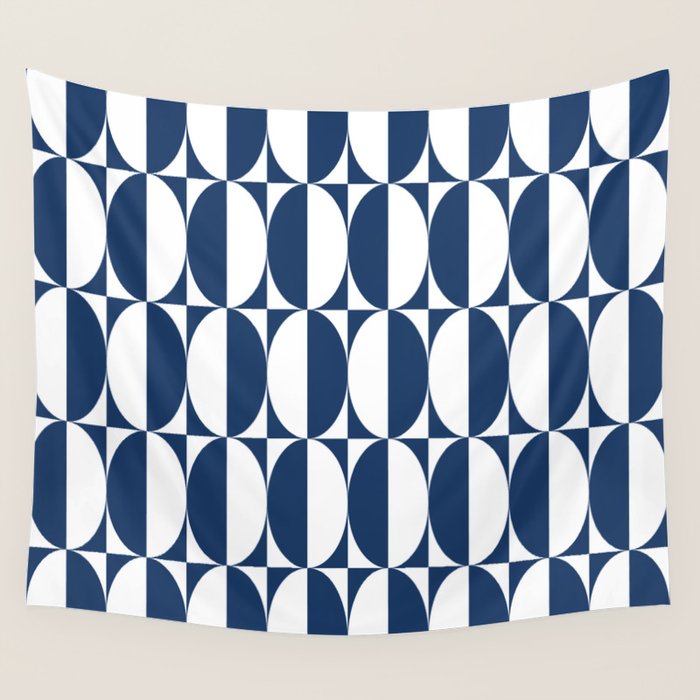 Mid Century Modern Geometric Half Oval Pattern 248 Navy Blue Wall Tapestry Gallery Image 4