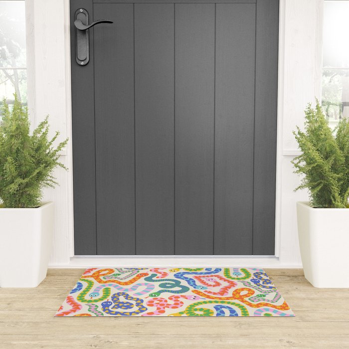 Happy Snakes Light - Bright Rainbow Textured Snakes With Funky Geometric Patterns on Cream Welcome Mat Gallery Image 3