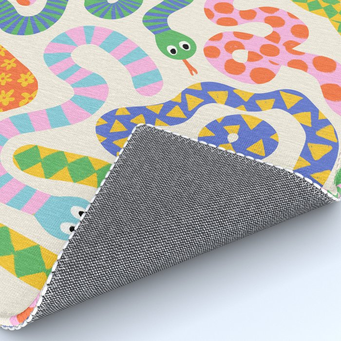 Happy Snakes Light - Bright Rainbow Textured Snakes With Funky Geometric Patterns on Cream Rug Gallery Image 4