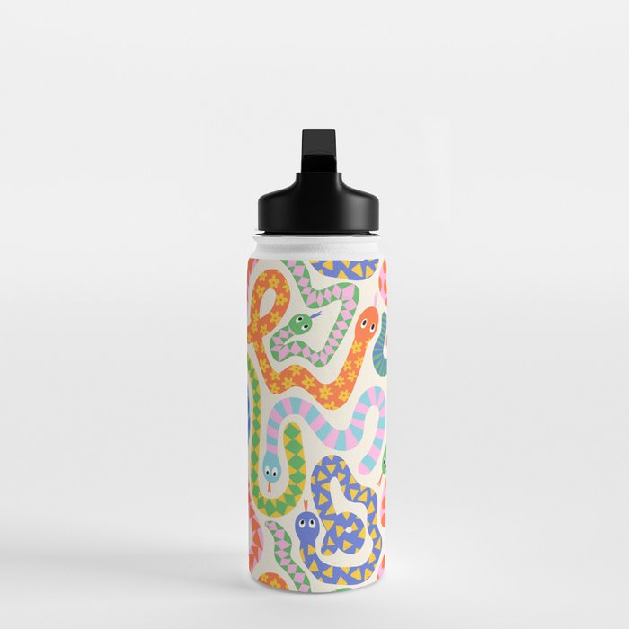 Happy Snakes Light - Bright Rainbow Textured Snakes With Funky Geometric Patterns on Cream Water Bottle Gallery Image 3