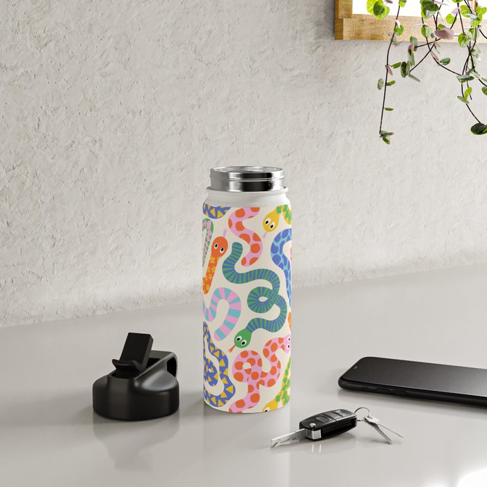 Happy Snakes Light - Bright Rainbow Textured Snakes With Funky Geometric Patterns on Cream Water Bottle Gallery Image 4