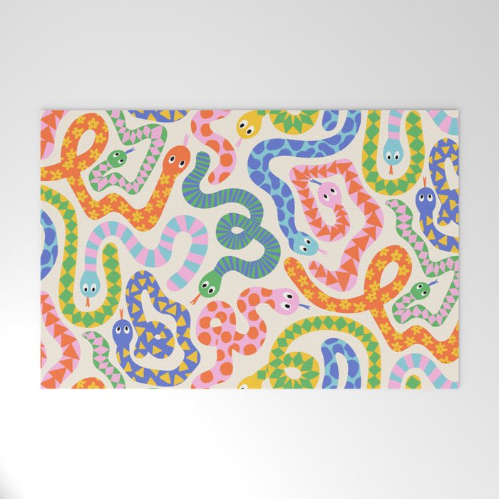 Happy Snakes Light - Bright Rainbow Textured Snakes With Funky Geometric Patterns on Cream Welcome Mat Gallery Image 1