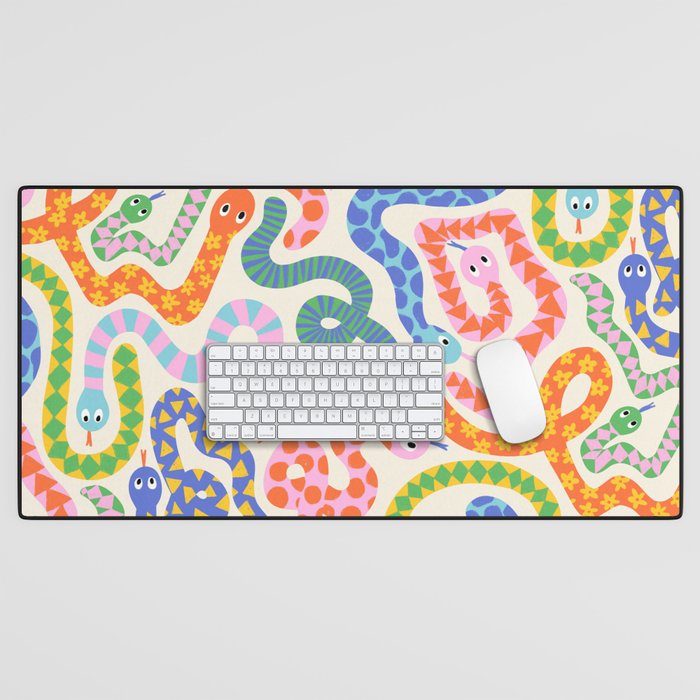 Happy Snakes Light - Bright Rainbow Textured Snakes With Funky Geometric Patterns on Cream Desk Mat Gallery Image 1