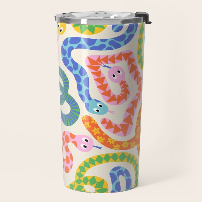 Happy Snakes Light - Bright Rainbow Textured Snakes With Funky Geometric Patterns on Cream Travel Mug Gallery Image 2