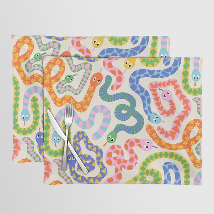 Happy Snakes Light - Bright Rainbow Textured Snakes With Funky Geometric Patterns on Cream Placemat Gallery Image 1