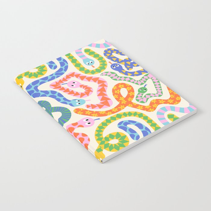 Happy Snakes Light - Bright Rainbow Textured Snakes With Funky Geometric Patterns on Cream Notebook Gallery Image 1