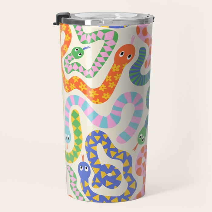 Happy Snakes Light - Bright Rainbow Textured Snakes With Funky Geometric Patterns on Cream Travel Mug Gallery Image 3