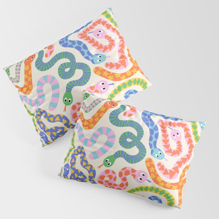 Happy Snakes Light - Bright Rainbow Textured Snakes With Funky Geometric Patterns on Cream Pillow Sham Gallery Image 3