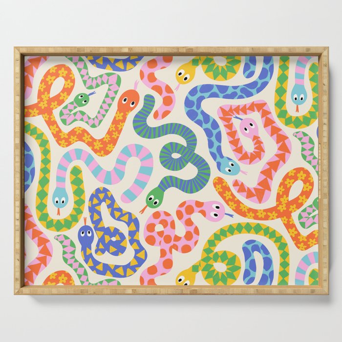 Happy Snakes Light - Bright Rainbow Textured Snakes With Funky Geometric Patterns on Cream Serving Tray Gallery Image 1