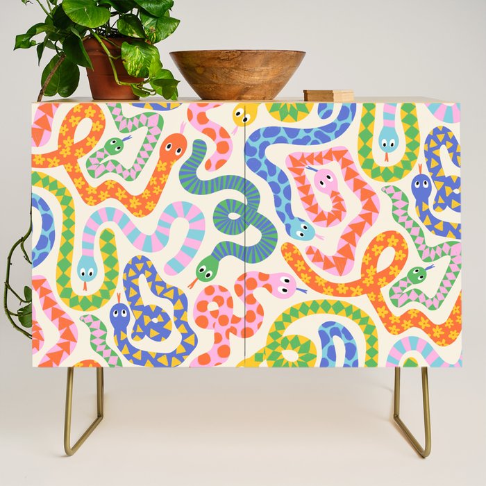 Happy Snakes Light - Bright Rainbow Textured Snakes With Funky Geometric Patterns on Cream Credenza Gallery Image 1