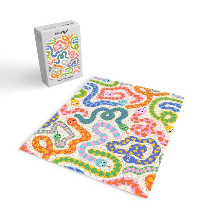 Happy Snakes Light - Bright Rainbow Textured Snakes With Funky Geometric Patterns on Cream Jigsaw Puzzle Gallery Image 2