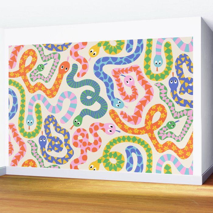 Happy Snakes Light - Bright Rainbow Textured Snakes With Funky Geometric Patterns on Cream Wall Mural Gallery Image 2