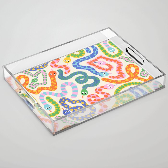 Happy Snakes Light - Bright Rainbow Textured Snakes With Funky Geometric Patterns on Cream Acrylic Tray Gallery Image 1