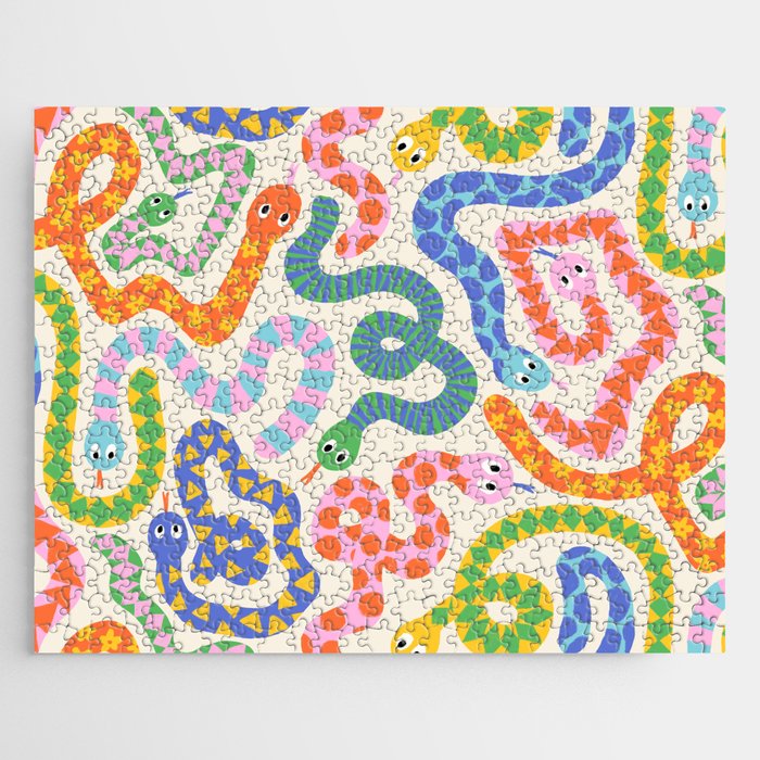 Happy Snakes Light - Bright Rainbow Textured Snakes With Funky Geometric Patterns on Cream Jigsaw Puzzle Gallery Image 1