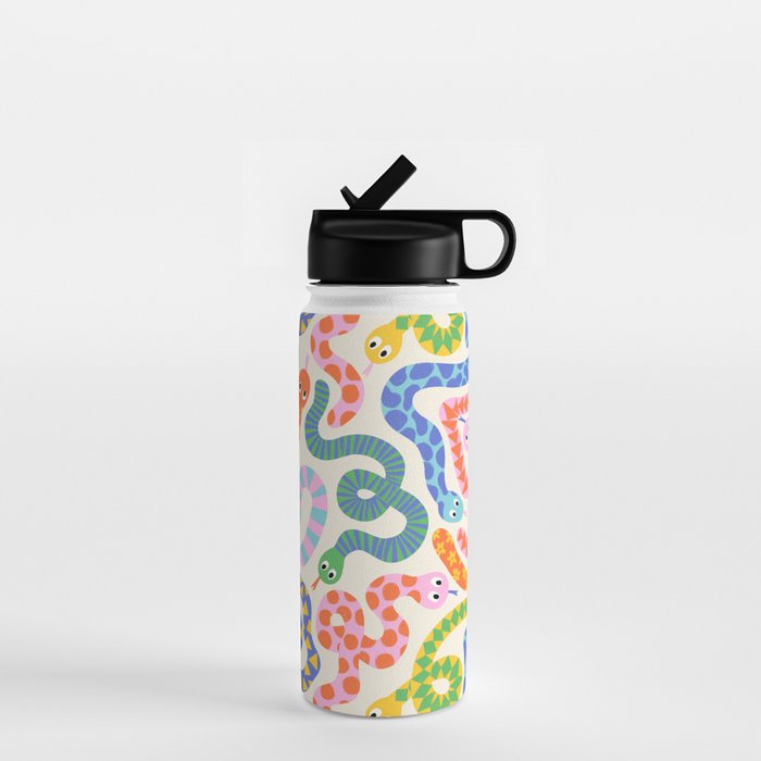 Happy Snakes Light - Bright Rainbow Textured Snakes With Funky Geometric Patterns on Cream Water Bottle Gallery Image 1