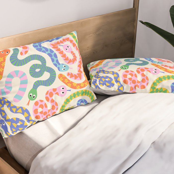 Happy Snakes Light - Bright Rainbow Textured Snakes With Funky Geometric Patterns on Cream Pillow Sham Gallery Image 2