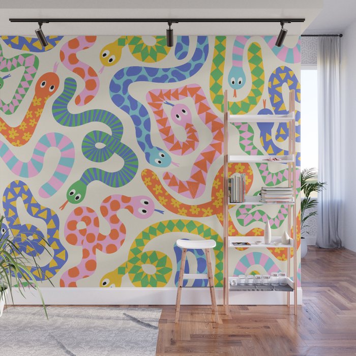 Happy Snakes Light - Bright Rainbow Textured Snakes With Funky Geometric Patterns on Cream Wall Mural Gallery Image 1